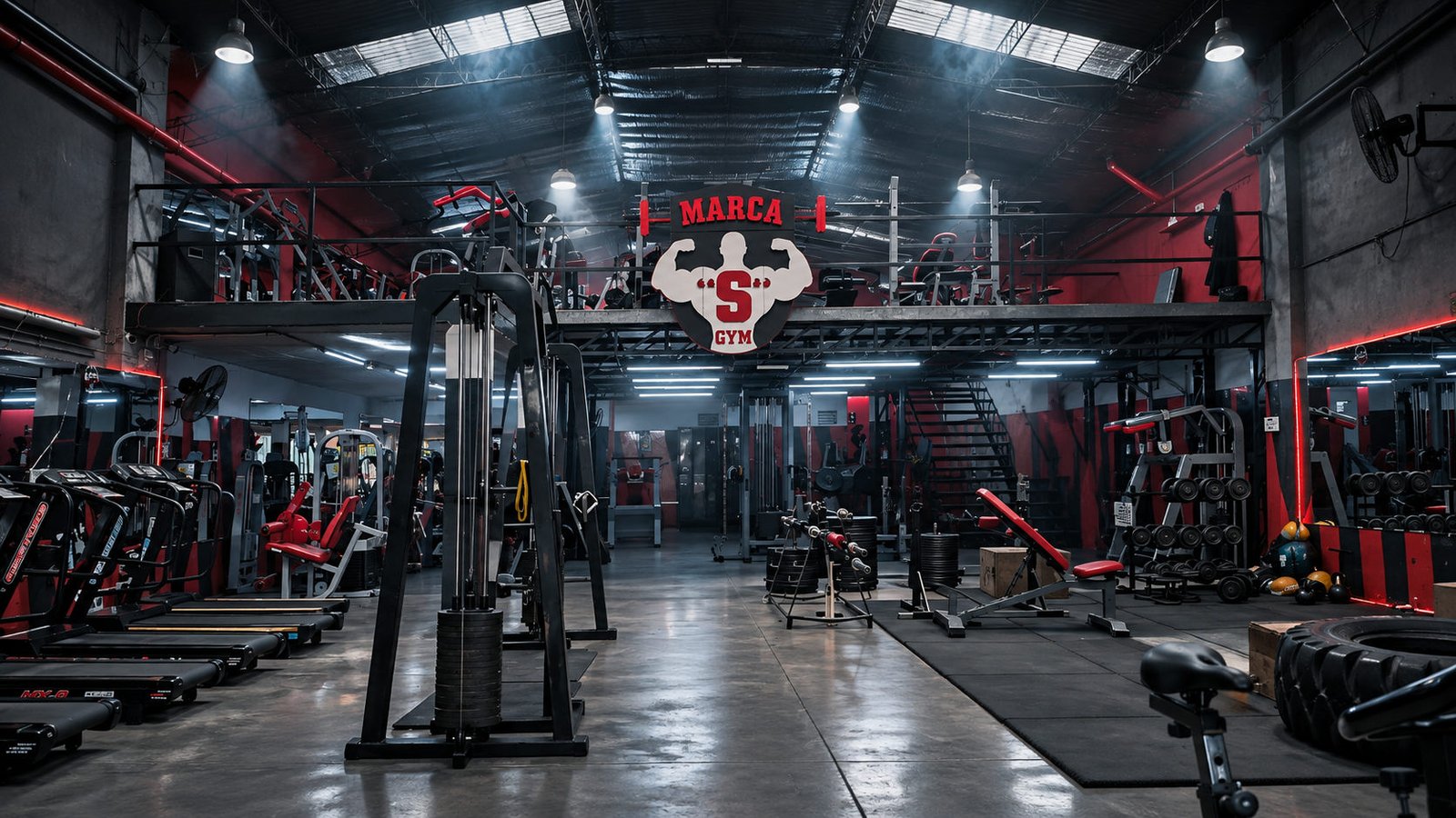 Salón de Marca S Gym en Av. Luro, con el cartel de la marca sobre el entrepiso